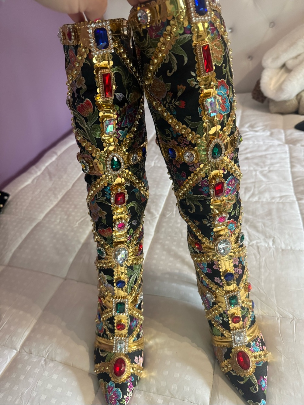 Embellished Black Floral Knee-High Heeled Boots